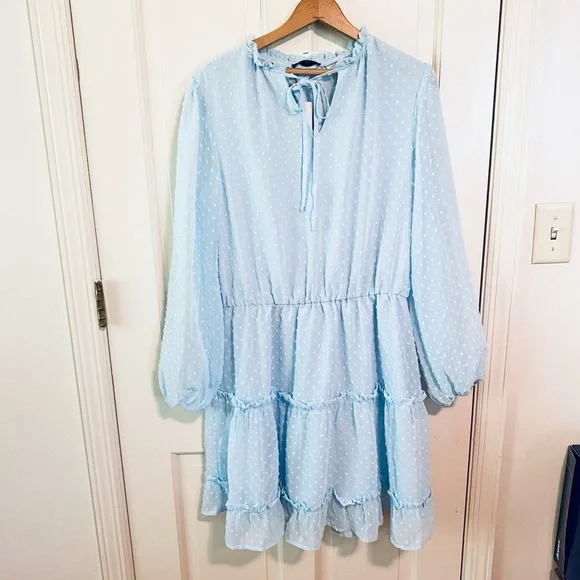 NWT BTFBM Women Casual light blue Dress V Neck Tie Neck Long Sleeve Dot Ruffle - Picture 2 of 7